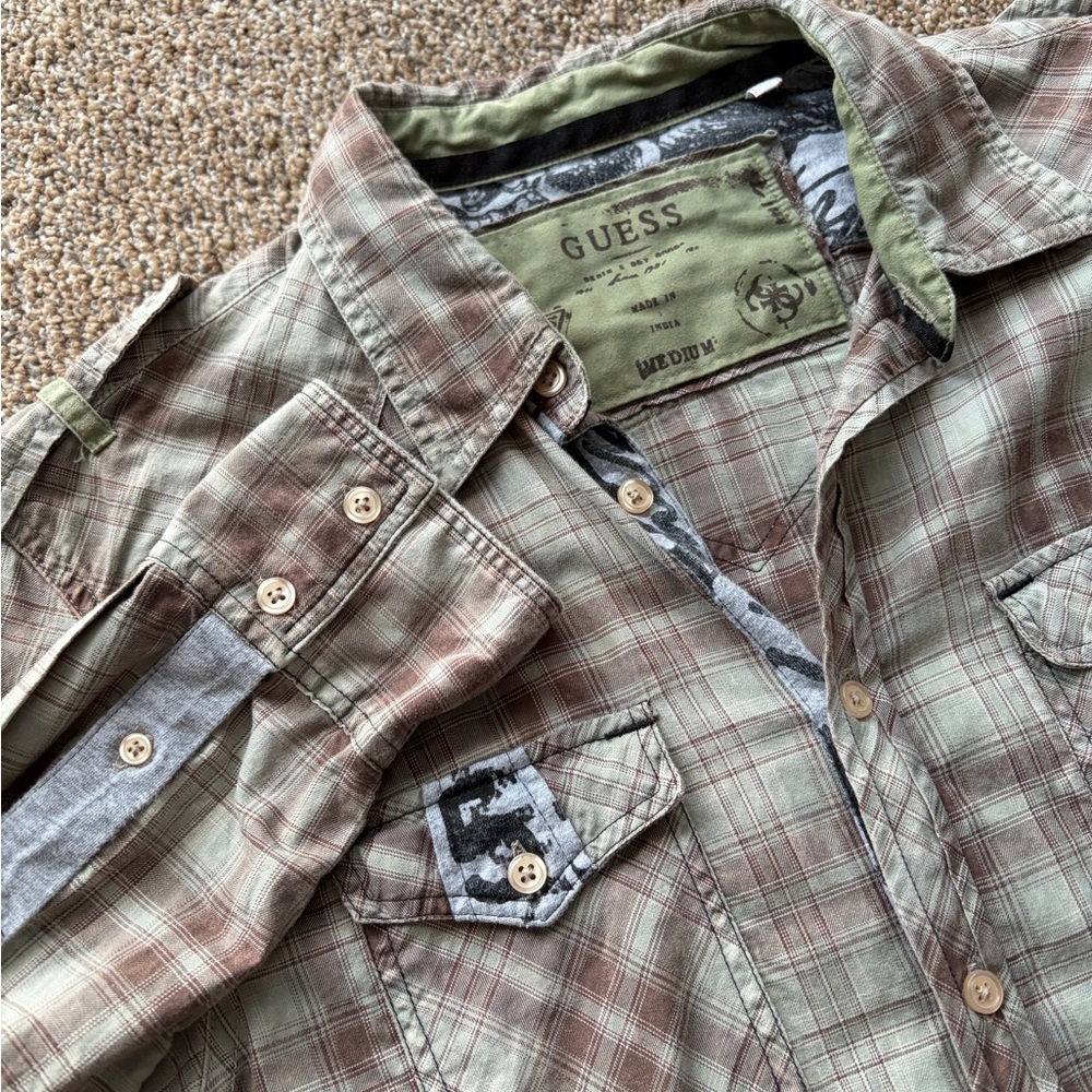 Guess Green Brown Tan Plaid Long Sleeve Button Up Shirt Men’s Size Medium